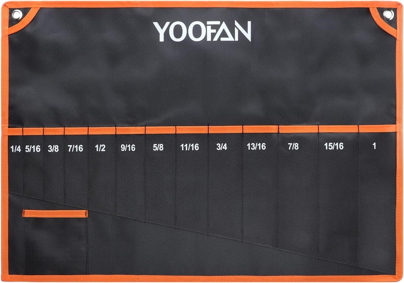 YOOFAN Wrench Roll Up Pouch – Wrench Organizer with 13+1 Pockets, Wrench Bag with handle, Wrench Holder for Hanging, Orange - SAE - Image 1
